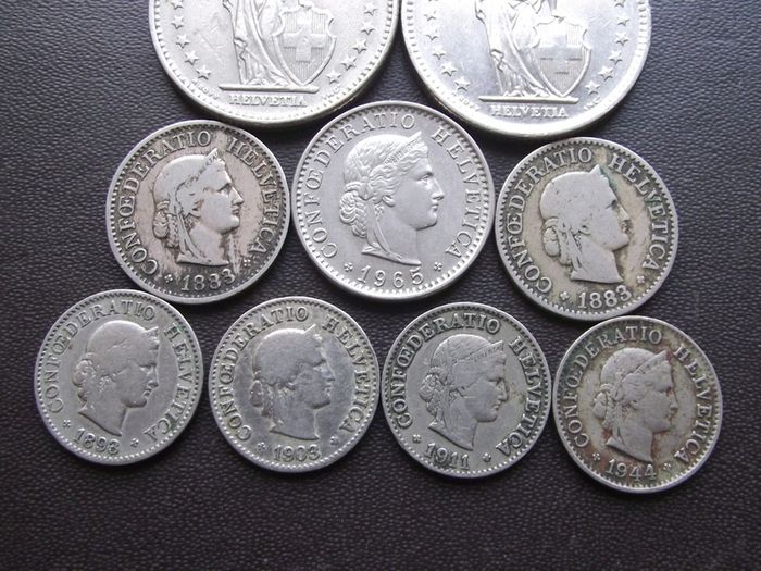 A Lot of 9 coins from Switzerland (1883-1981)