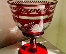 Vintage Bohemian Ruby Flash Cut Crystal Glass Pedestal Bowl