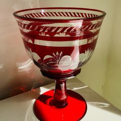 Vintage Bohemian Ruby Flash Cut Crystal Glass Pedestal Bowl