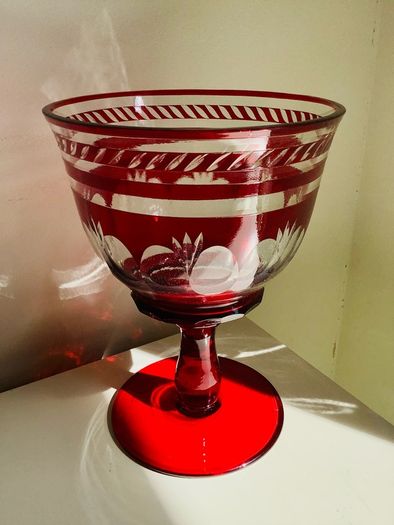 Vintage Bohemian Ruby Flash Cut Crystal Glass Pedestal Bowl