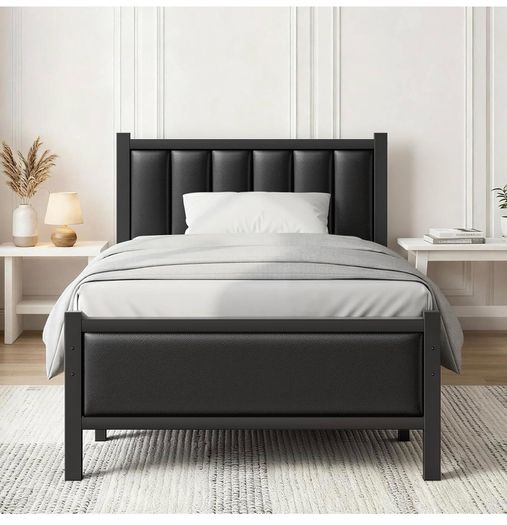 Single Bed Frame with Upholstered Headboard, 3ft
