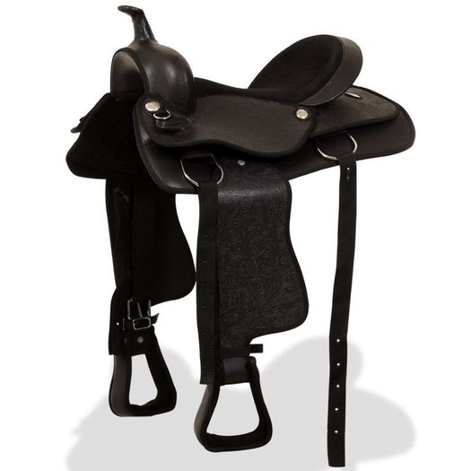 Western Saddle, Headstall&Breast Collar Real Leather 16" Black