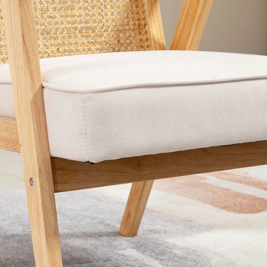 Comfortable Lounge Chair Rattan Chair with Thick Cushion - Rattan Backrest - Deep Seat - Hevea Wood Frame Linen-Look Beige
