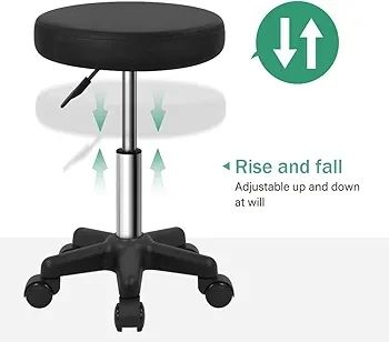 Round Rolling Stool with Wheels Height Adjustable Spa Stool for Salon Massage Home Kitchen Black