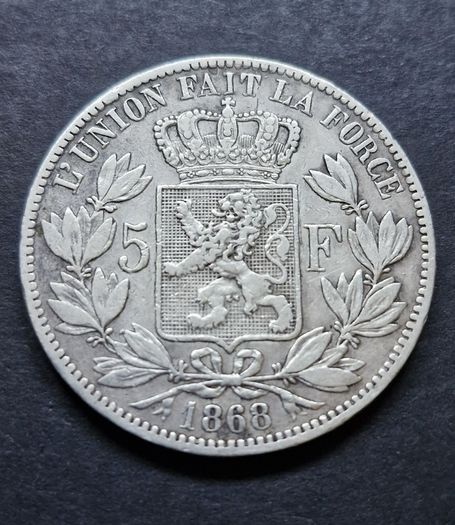 1868 Belgium 5 Francs - Leopold lI Silver coin