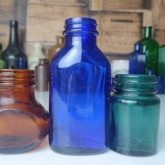 462 - Set of Three Beautiful Vintage Glass Decorative Collectible Bottles - Amber Eire Bovril, Cobalt Blue Magnesia and Turquoise Science Cream