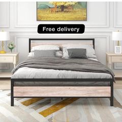 King Size Bed Frame with Wood Headboard