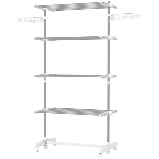 4-Layer Folding Cloth Rail, Adjustable Garment Rack with Wheels for Bedroom, Balcony, Silver