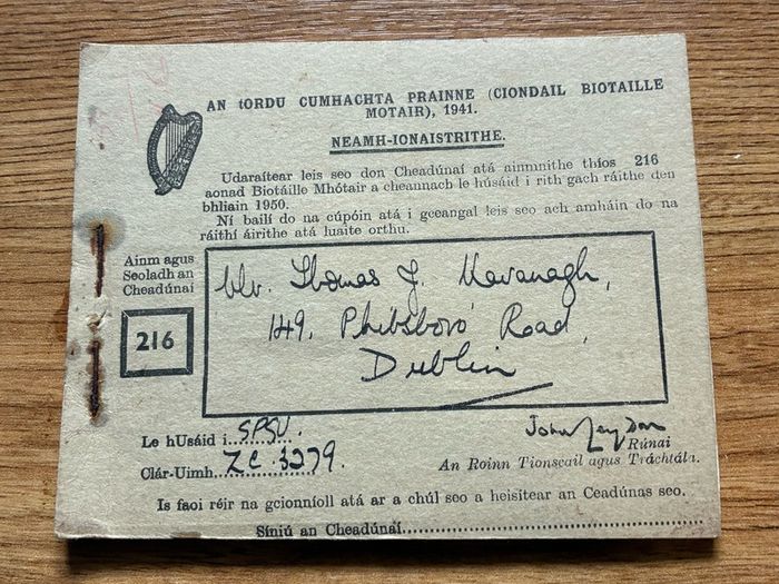 Rare Irish 1950 motor spirit ration book. Full book