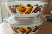 Vintage pair of JAJ Pyrex 'Fruit' Casserole Dishes retro mid-century 1960s, one has the lid
