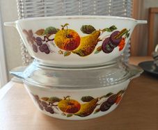 Vintage pair of JAJ Pyrex 'Fruit' Casserole Dishes retro mid-century 1960s, one has the lid