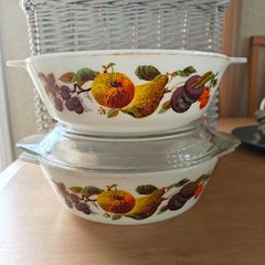Vintage pair of JAJ Pyrex 'Fruit' Casserole Dishes retro mid-century 1960s, one has the lid