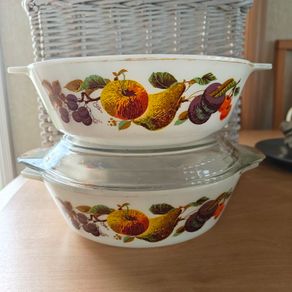 Vintage pair of JAJ Pyrex 'Fruit' Casserole Dishes retro mid-century 1960s, one has the lid