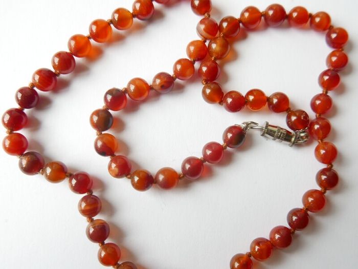Vintage Natural Red Carnelian Agate Bead Necklace strung on a silk cord length 20"
