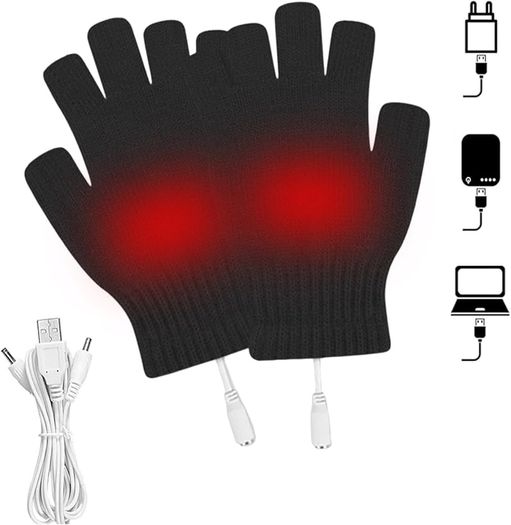 Heated Gloves via USB Mittens, Unisex for Men and Women, Winter Mittens for Warm Hands, Warm, for Working on Laptop, Fingerless, Knitted Gloves, Washable