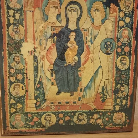 Rare Vintage Virgin And Child Icon Tapestry on Wood.