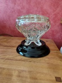 Vintage Glass vase and frog lid, on black ceramic base