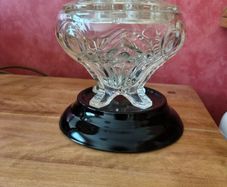 Vintage Glass vase and frog lid, on black ceramic base