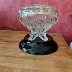 Vintage Glass vase and frog lid, on black ceramic base