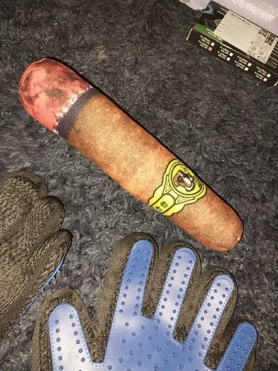 A pair of pet grooming and deshedding glove and Cigar designed toy for dogs
