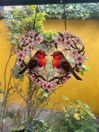 2 Robins in a heart Suncatcher