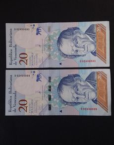 Venezuela - Pair of Consecutive Numbered 20 Bolivares Banknotes UNC