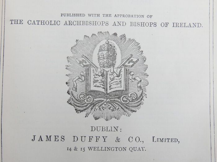 Vintage spine of a Catholic Douay Bible published by James Duffy & Co. Ltd. in Dublin.