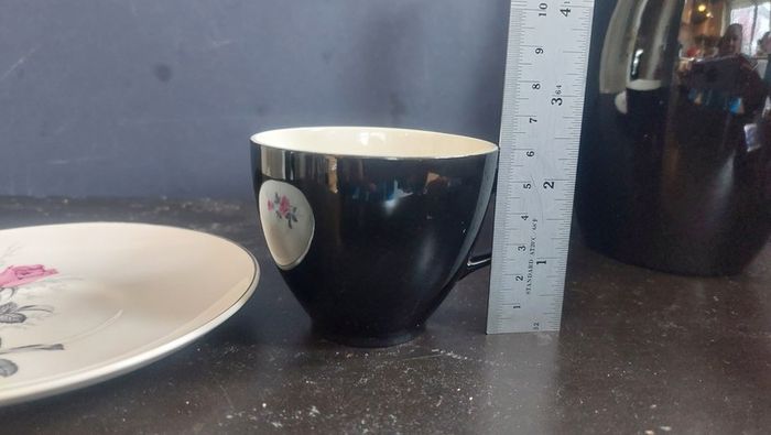 Stunning Vintage MCM 1950's Coffee Set for Six, Including Coffee Pot, by Johnson Bros, in Black and Cream with Pink Rose Detailing and Platinum Gilt Design