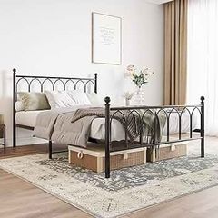 Double Metal Bed Frame 135 x 190 cm with Headboard and Footboard Heavy Duty Foundation,Metal Slat Support, Black