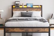 Double Size Bed Frame with Charging Station and LED Lights