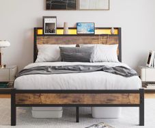 Double Size Bed Frame with Charging Station and LED Lights