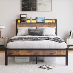 Double Size Bed Frame with Charging Station and LED Lights