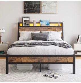 Double Size Bed Frame with Charging Station and LED Lights
