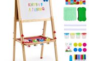 Art Easel for Kids 3-in-1 Wooden Double-Sided Kid's Art Easel with Magnetic Whiteboard, Chalkboard &amp; Paper Roll, Adjustable Standing Drawing Board with Painting Accessories for Boys and Girls