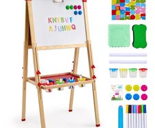 Art Easel for Kids 3-in-1 Wooden Double-Sided Kid's Art Easel with Magnetic Whiteboard, Chalkboard & Paper Roll, Adjustable Standing Drawing Board with Painting Accessories for Boys and Girls