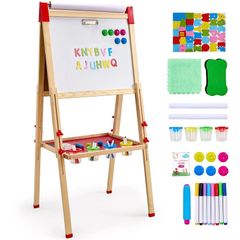 Art Easel for Kids 3-in-1 Wooden Double-Sided Kid's Art Easel with Magnetic Whiteboard, Chalkboard & Paper Roll, Adjustable Standing Drawing Board with Painting Accessories for Boys and Girls