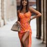 Long orange dress with pink roses Image 3