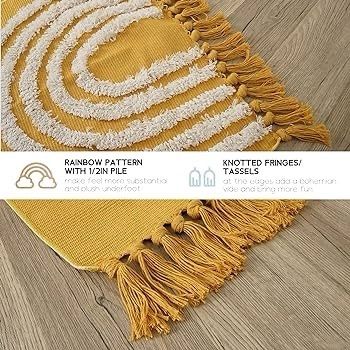 MULTIPLE SIZES AVAILABLE Boho Small Rug 60x90cm Washable Cotton Rug, Yellow Cute Rainbow Hand Woven Tufted Rugs With Tassels, Low Pile Carpet For Kitchen Bathroom Living Room Bedroom Hallway Nursery Indoor Doormat