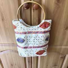 Boho Holiday bag textile with cane handle sequins and embrodiery