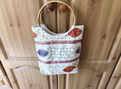 Boho Holiday bag textile with cane handle sequins and embrodiery