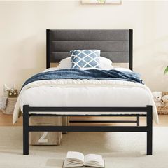 Single Bed Frame with Storage, 3ft Upholstered Bed Frame