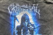 Criminal Damage Men's T-shirt Reaper Graphic Tee has a relaxed fit, short sleeves, a washed black look, and grim reaper graphics on the front.