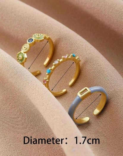 3pcs Colorful Enamel Flower & Rhinestone Ring Set