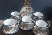 Vintage Set of Five Oriental Style Cups and Saucers Featuring Girls in Traditional Chinese Costume, A Modern Take on the Antique Chinese and Japanese Wares