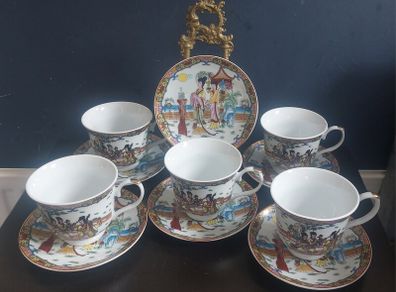 Vintage Set of Five Oriental Style Cups and Saucers Featuring Girls in Traditional Chinese Costume, A Modern Take on the Antique Chinese and Japanese Wares