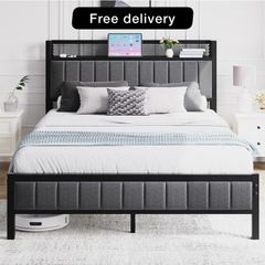 Double Bed Frame with Wooden Storage Headboard