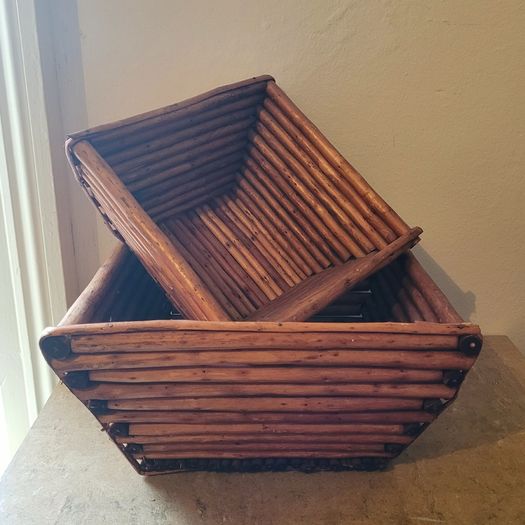 Vintage pair of bamboo twig baskets