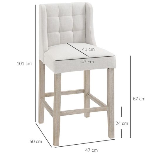 Set of 2 Bar Stools with Button Tufting, Solid Wood, incl. Footrest, 47 cm x 50 cm x 101 cm, Gray + Natural