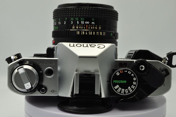 Canon AE-1 Program Silver/ Chrome 35mm SLR Film Camera with fast Canon FD 50mm f1. 8 FDn, Recently FULLY SERVICED and in Good Condition.