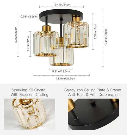 Brand New Modern 3-Light Crystal Ceiling Lamp Vintage Design - Black Gold